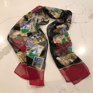 Vintage Liz Claiborne Scarf Wrap Vacation Time Travel Novelty Print Rectangular